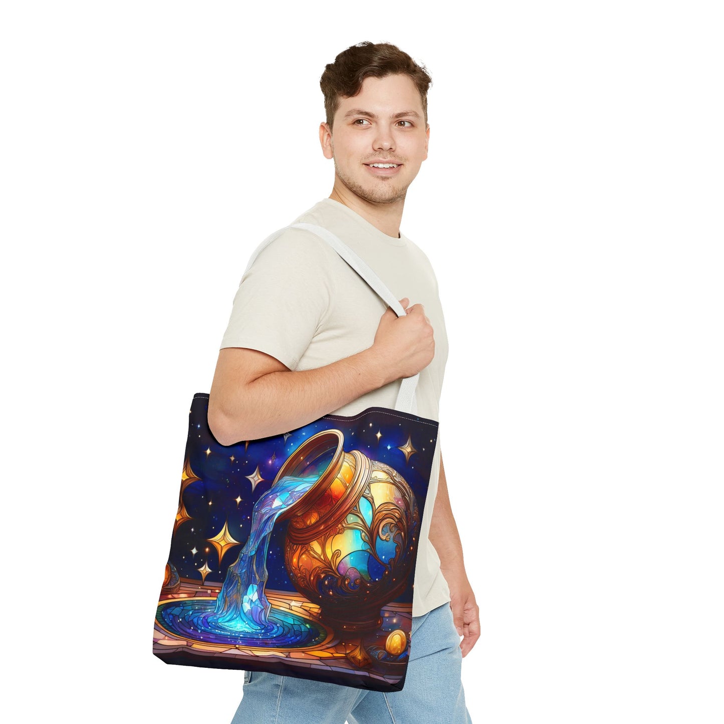 Aquarius - Water Bearer Stained Glass Style Tote Bag (All Over Print)