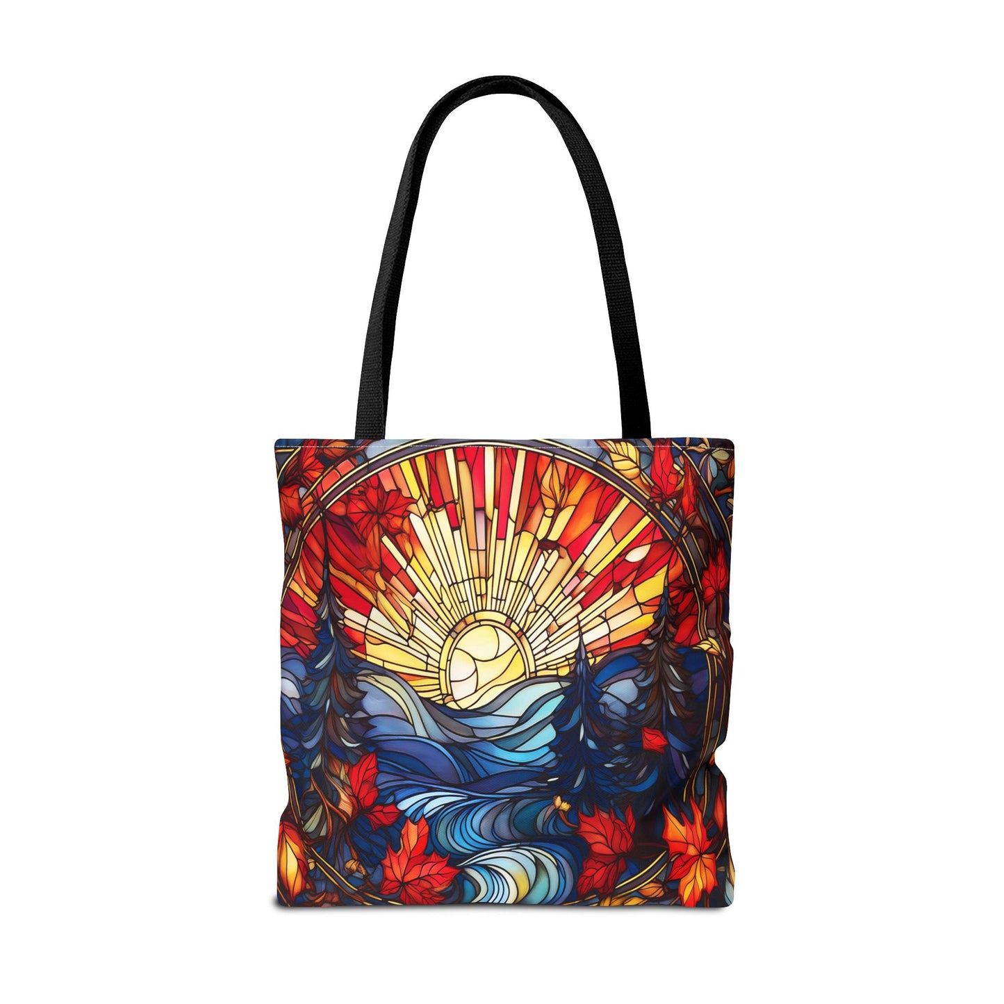 Stained Glass Fall Scene - Trees, Sun, Lake and Fall Leaves - Tote Bag