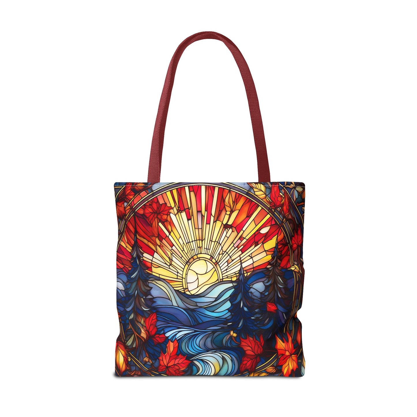 Stained Glass Fall Scene - Trees, Sun, Lake and Fall Leaves - Tote Bag