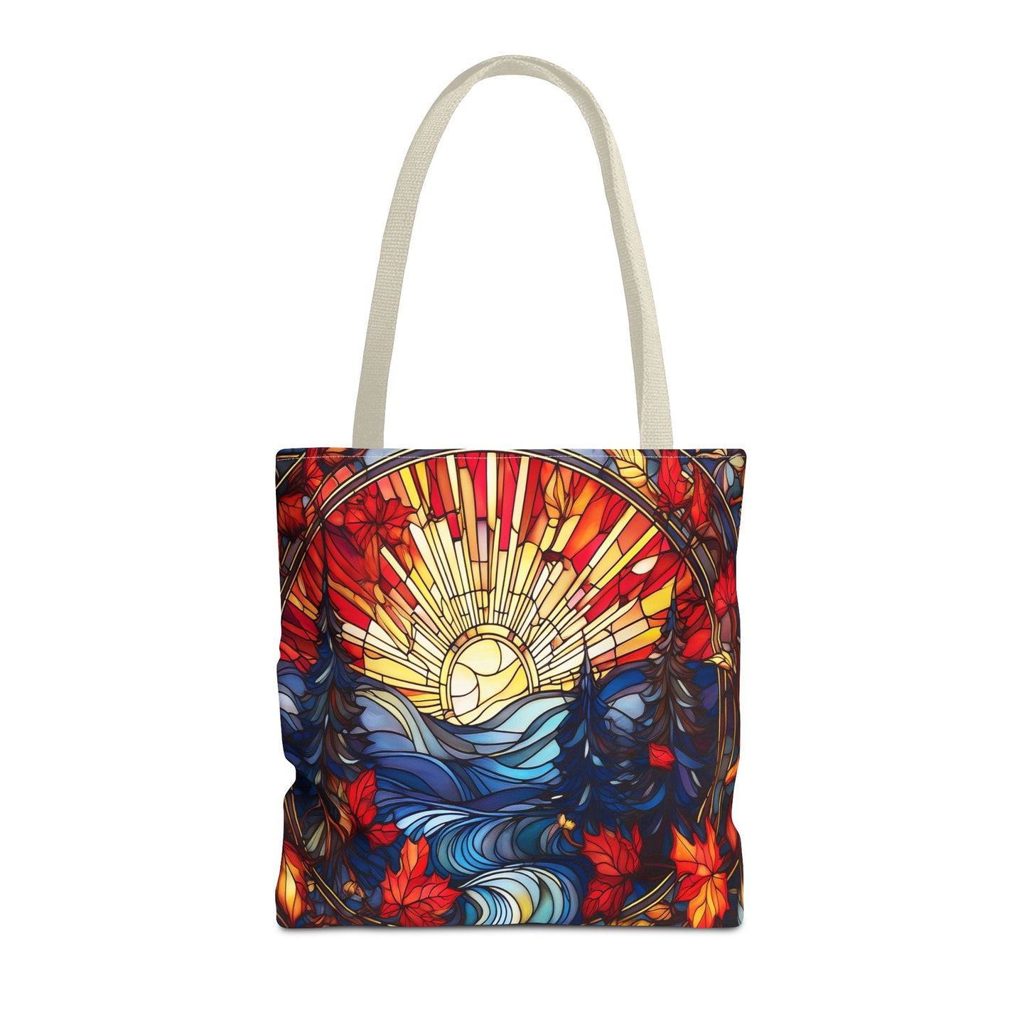 Stained Glass Fall Scene - Trees, Sun, Lake and Fall Leaves - Tote Bag