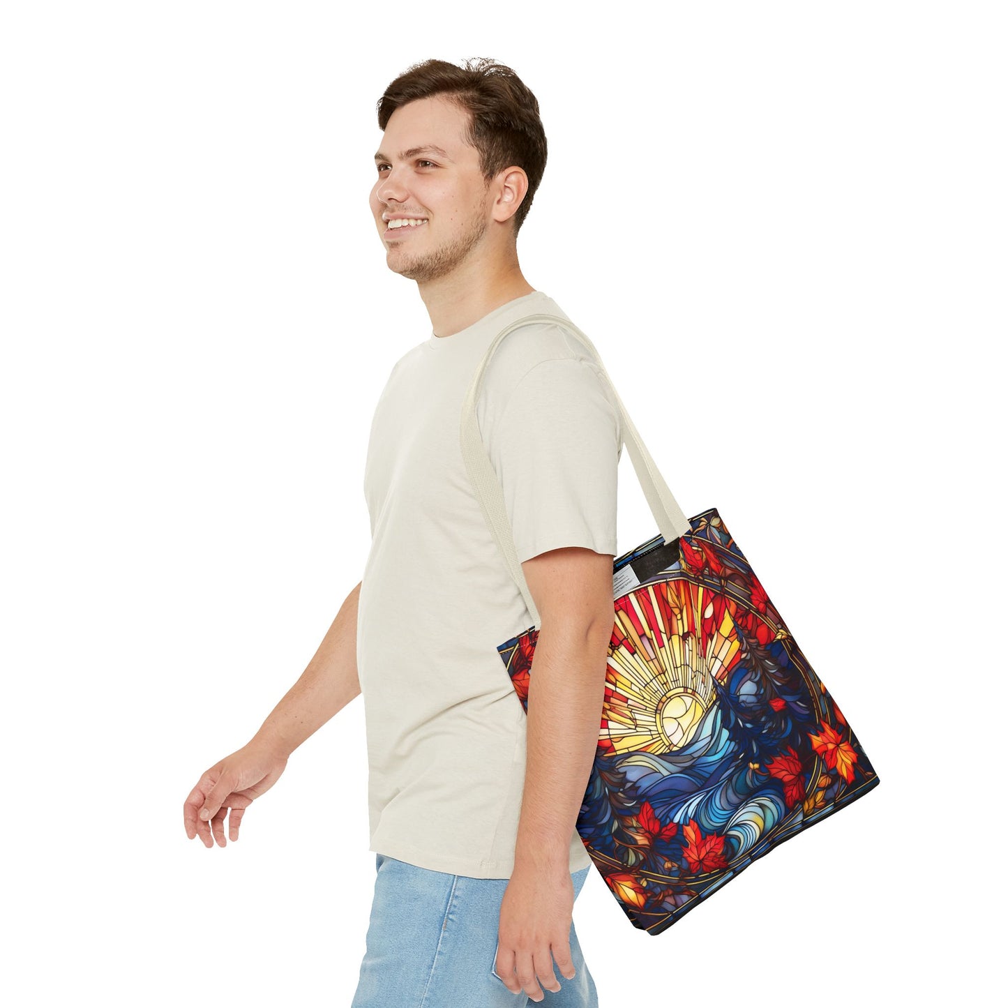 Stained Glass Fall Scene - Trees, Sun, Lake and Fall Leaves - Tote Bag