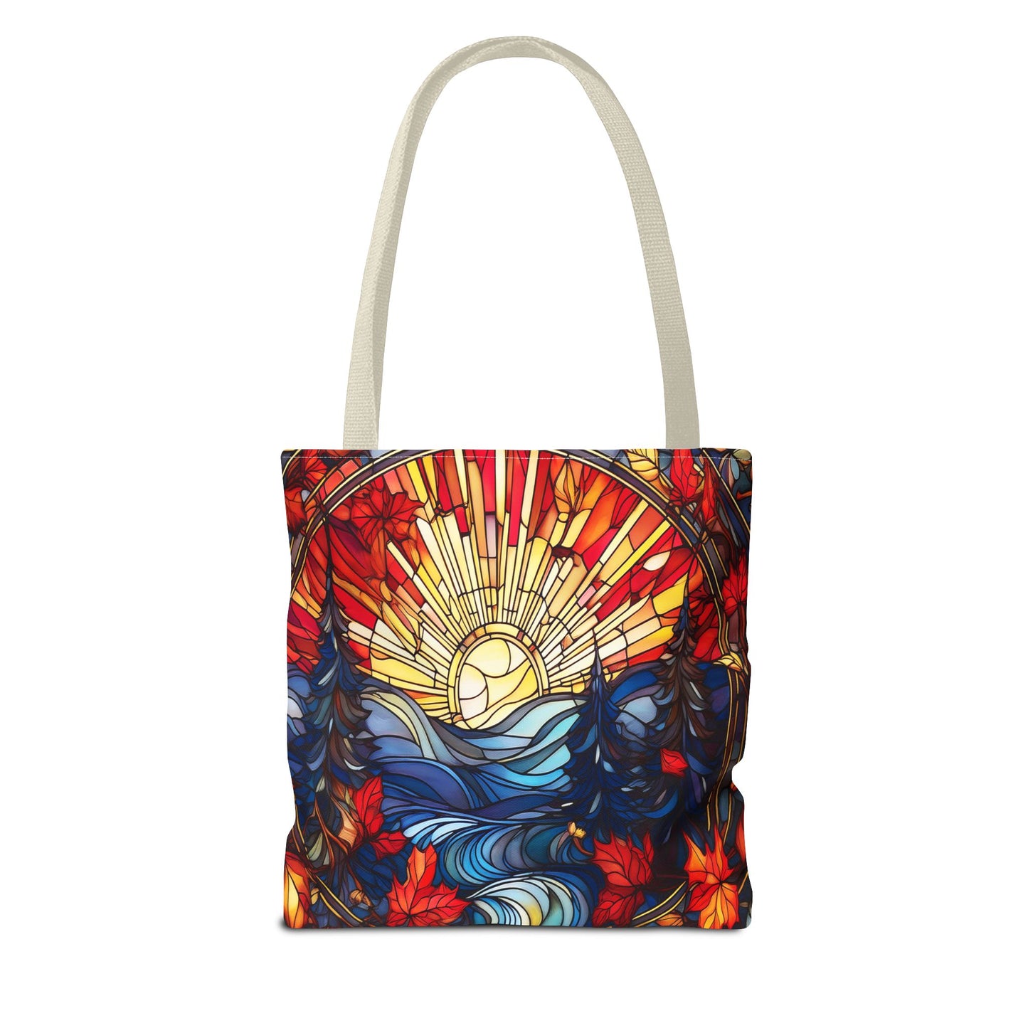 Stained Glass Fall Scene - Trees, Sun, Lake and Fall Leaves - Tote Bag