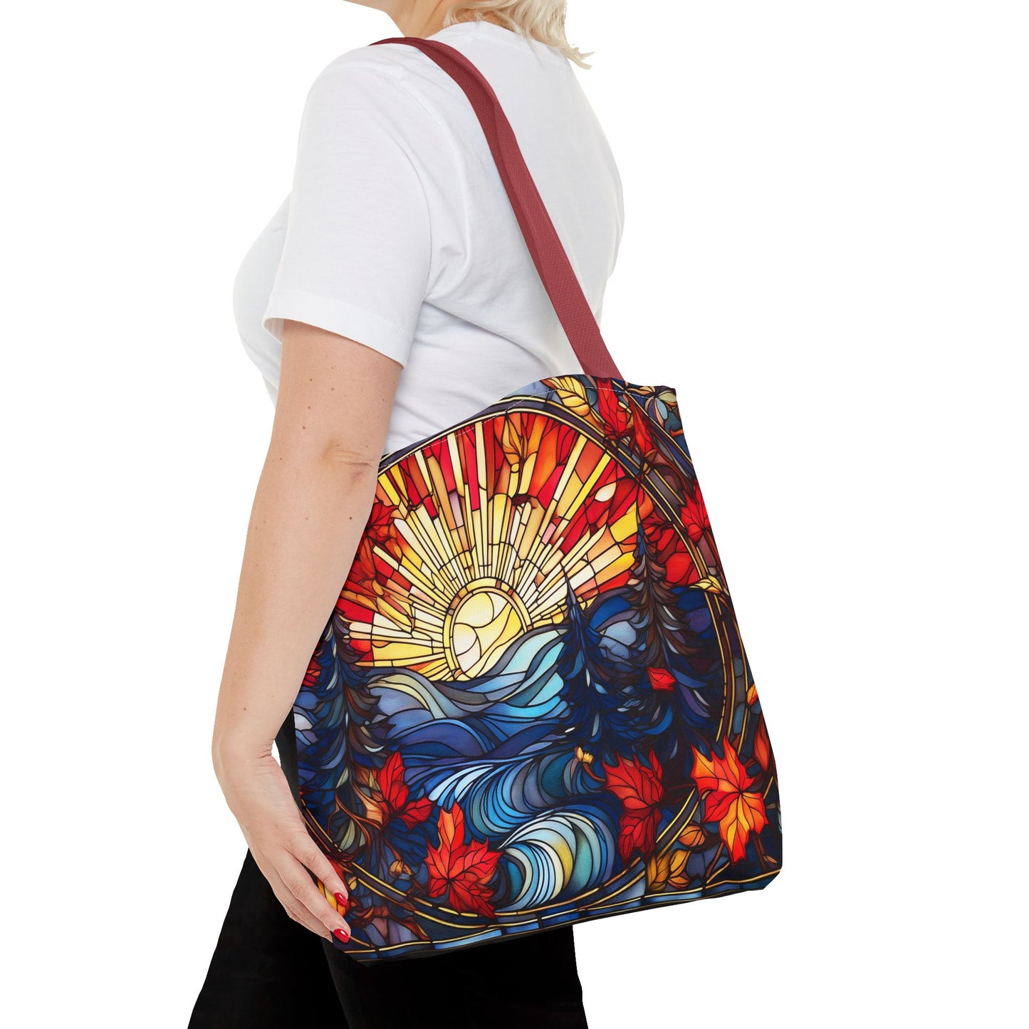 Stained Glass Fall Scene - Trees, Sun, Lake and Fall Leaves - Tote Bag