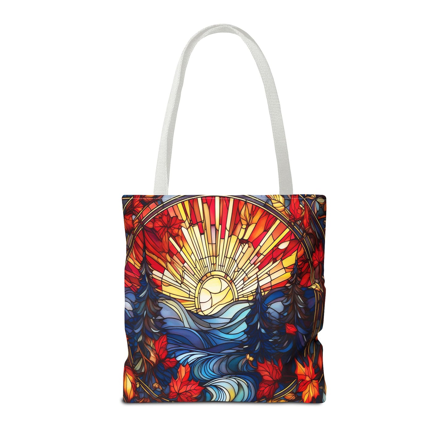 Stained Glass Fall Scene - Trees, Sun, Lake and Fall Leaves - Tote Bag