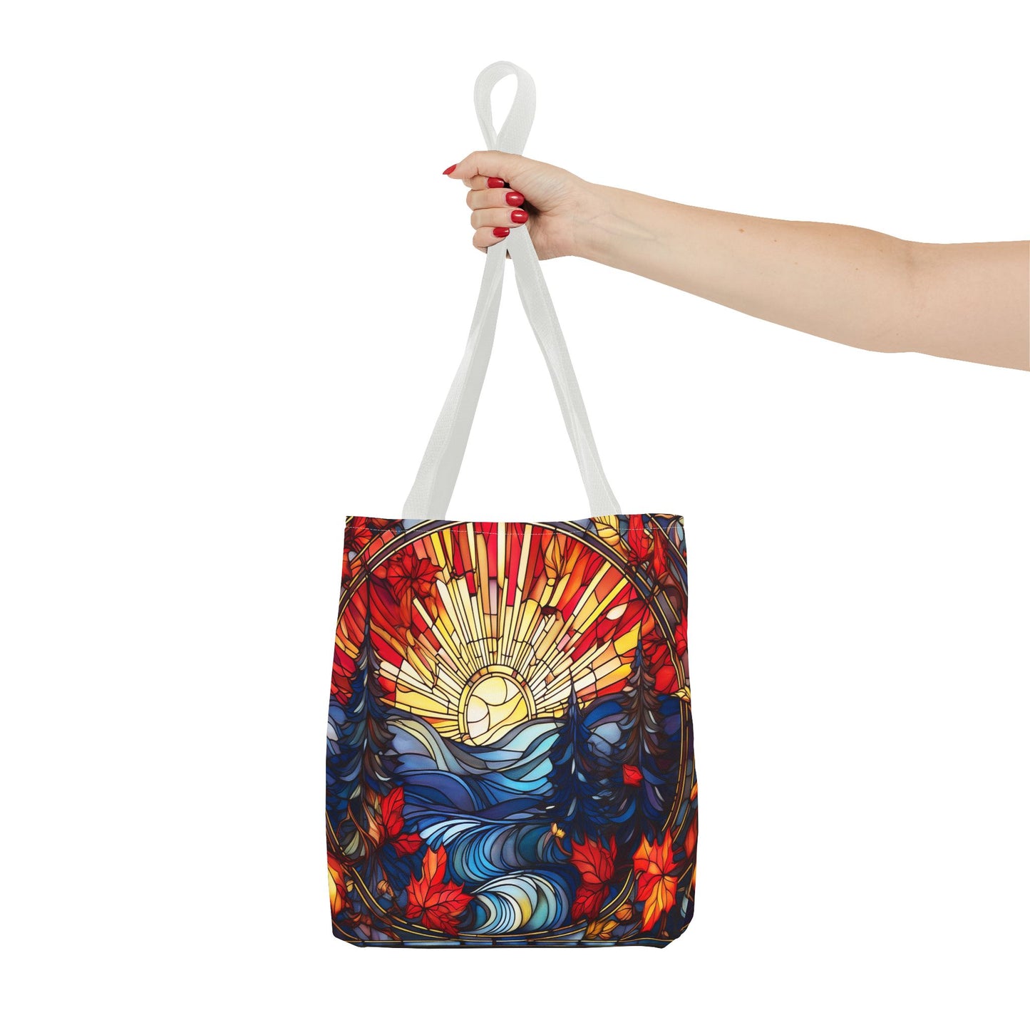 Stained Glass Fall Scene - Trees, Sun, Lake and Fall Leaves - Tote Bag
