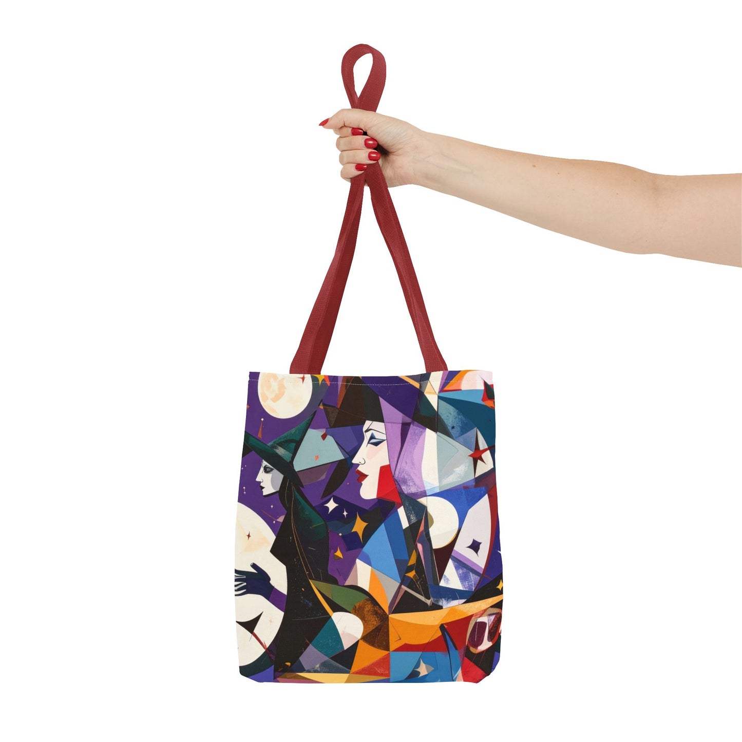 Witchy Tote Bag, Witches Moons and Stars, Cubism Design