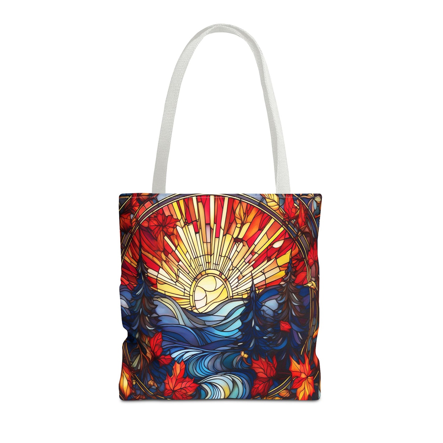 Stained Glass Fall Scene - Trees, Sun, Lake and Fall Leaves - Tote Bag
