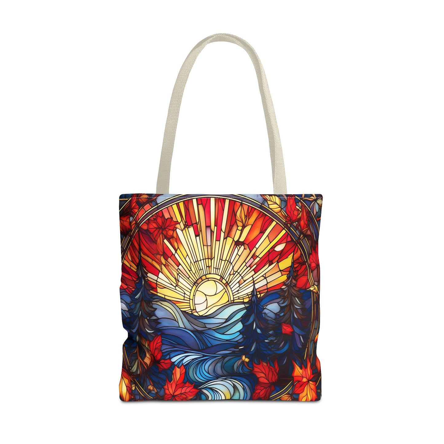 Stained Glass Fall Scene - Trees, Sun, Lake and Fall Leaves - Tote Bag