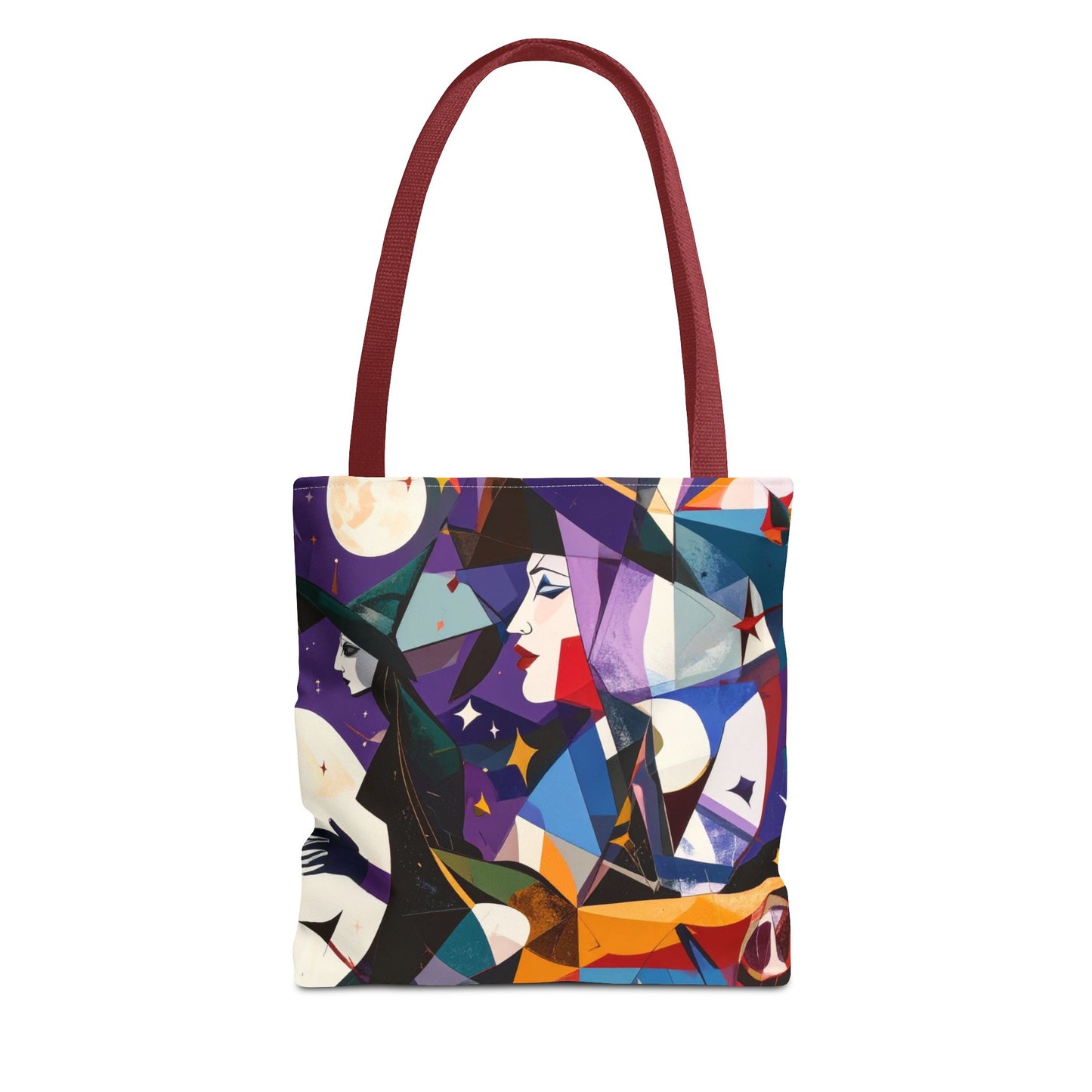 Witchy Tote Bag, Witches Moons and Stars, Cubism Design