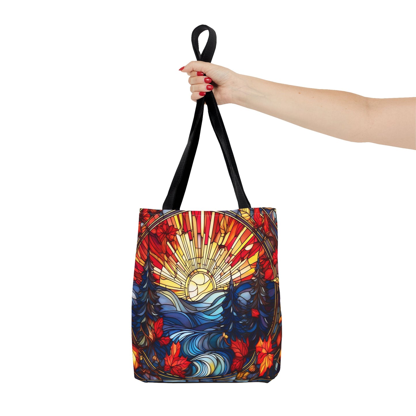 Stained Glass Fall Scene - Trees, Sun, Lake and Fall Leaves - Tote Bag