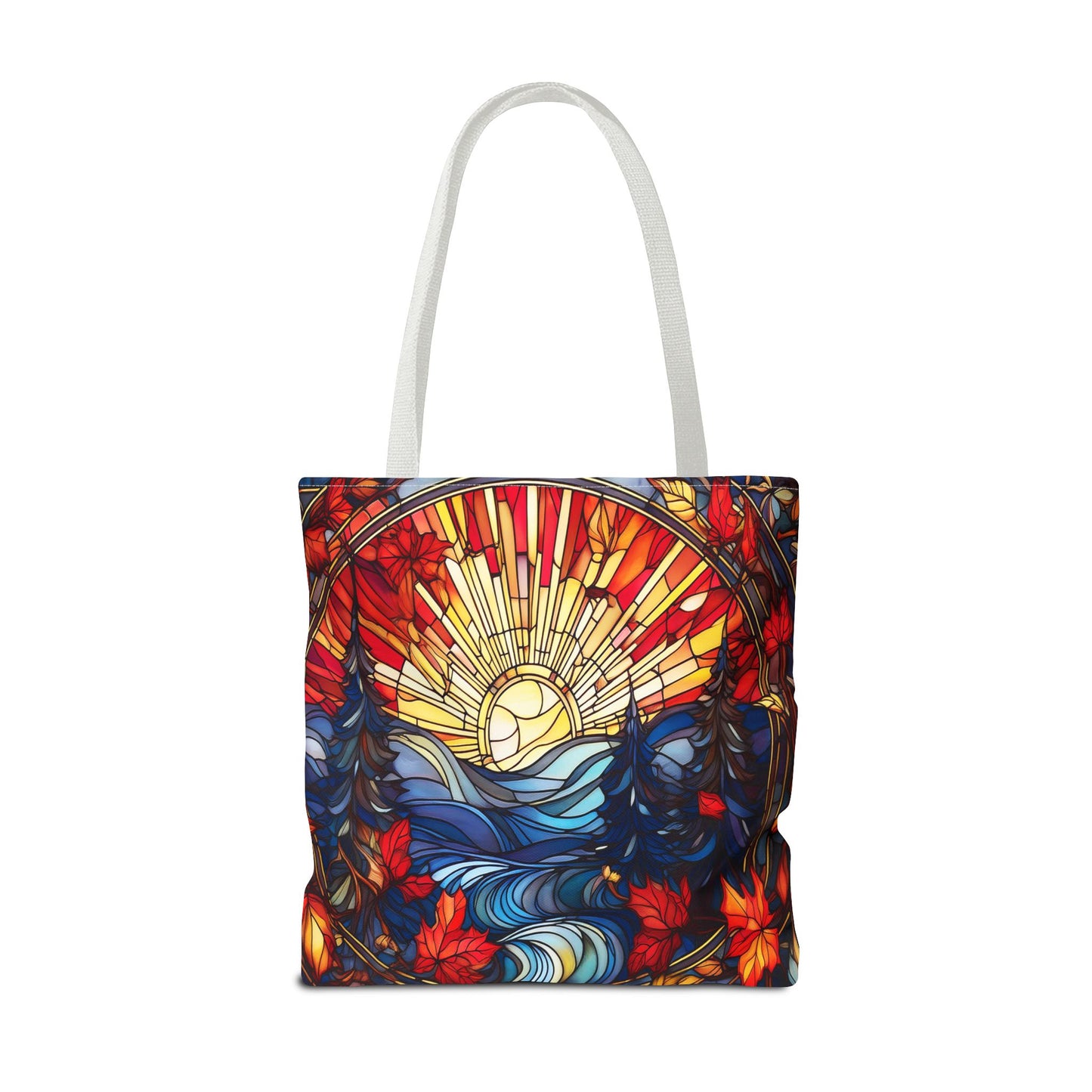 Stained Glass Fall Scene - Trees, Sun, Lake and Fall Leaves - Tote Bag