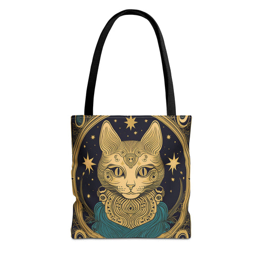 Tarot Style Cat Tote Bag - Gold and Blue