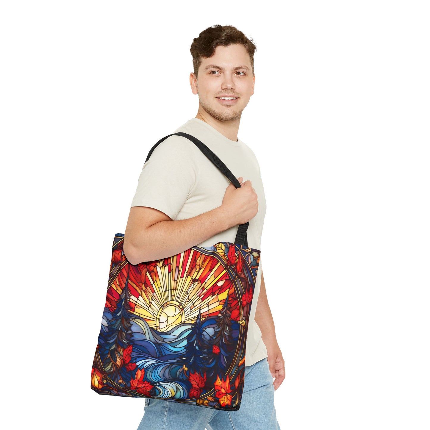 Stained Glass Fall Scene - Trees, Sun, Lake and Fall Leaves - Tote Bag