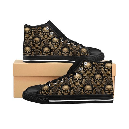 Black and Gold Damask Skulls - Women's Classic High Top Sneakers