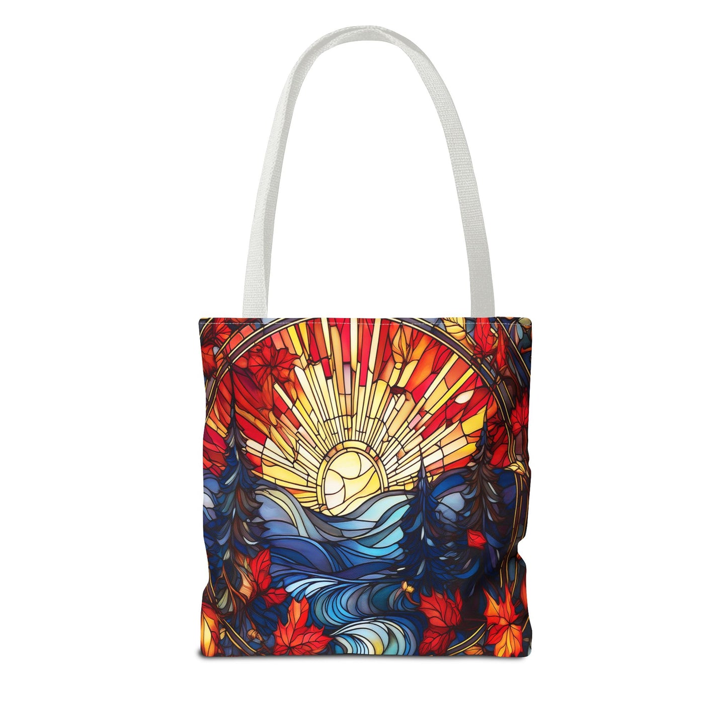 Stained Glass Fall Scene - Trees, Sun, Lake and Fall Leaves - Tote Bag