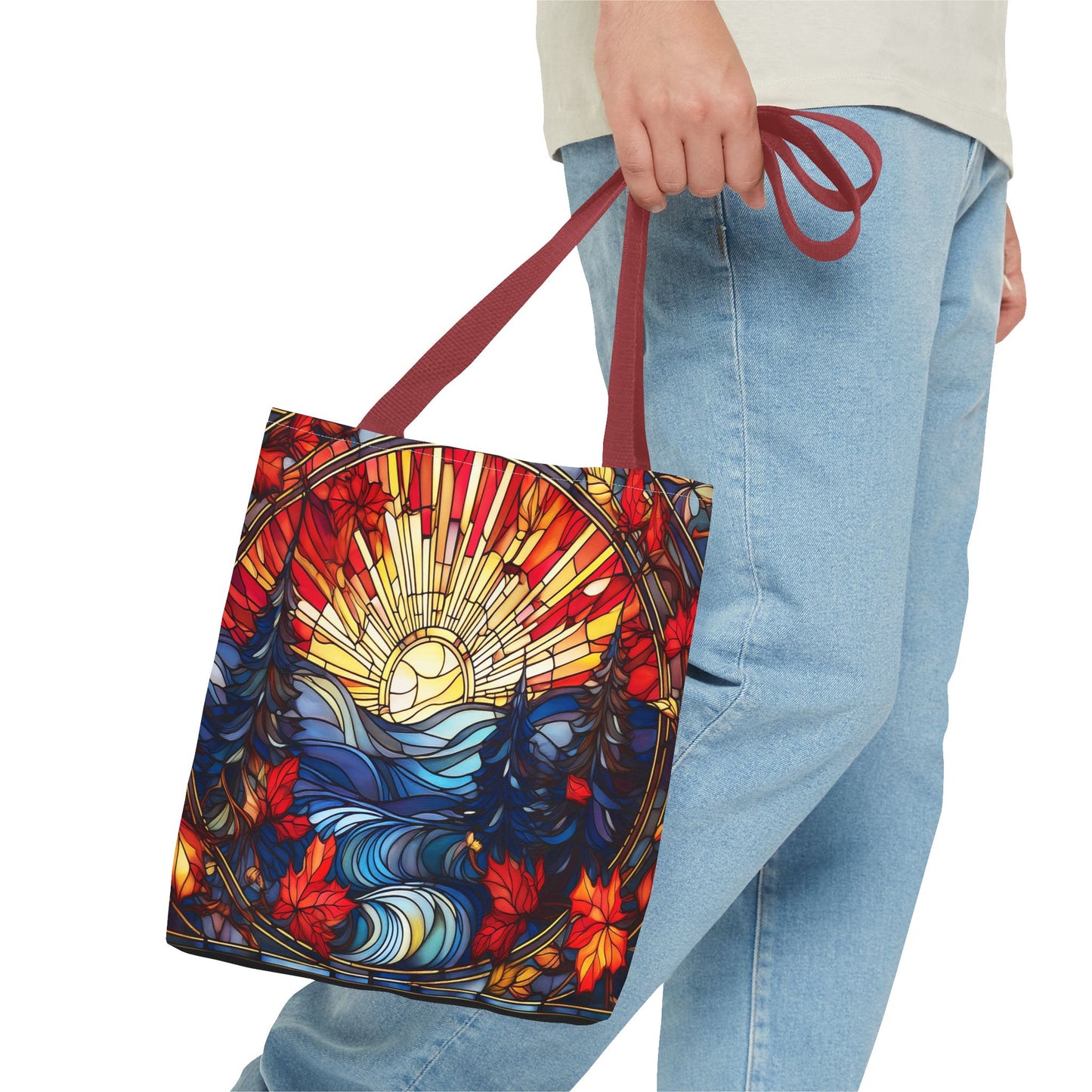 Stained Glass Fall Scene - Trees, Sun, Lake and Fall Leaves - Tote Bag