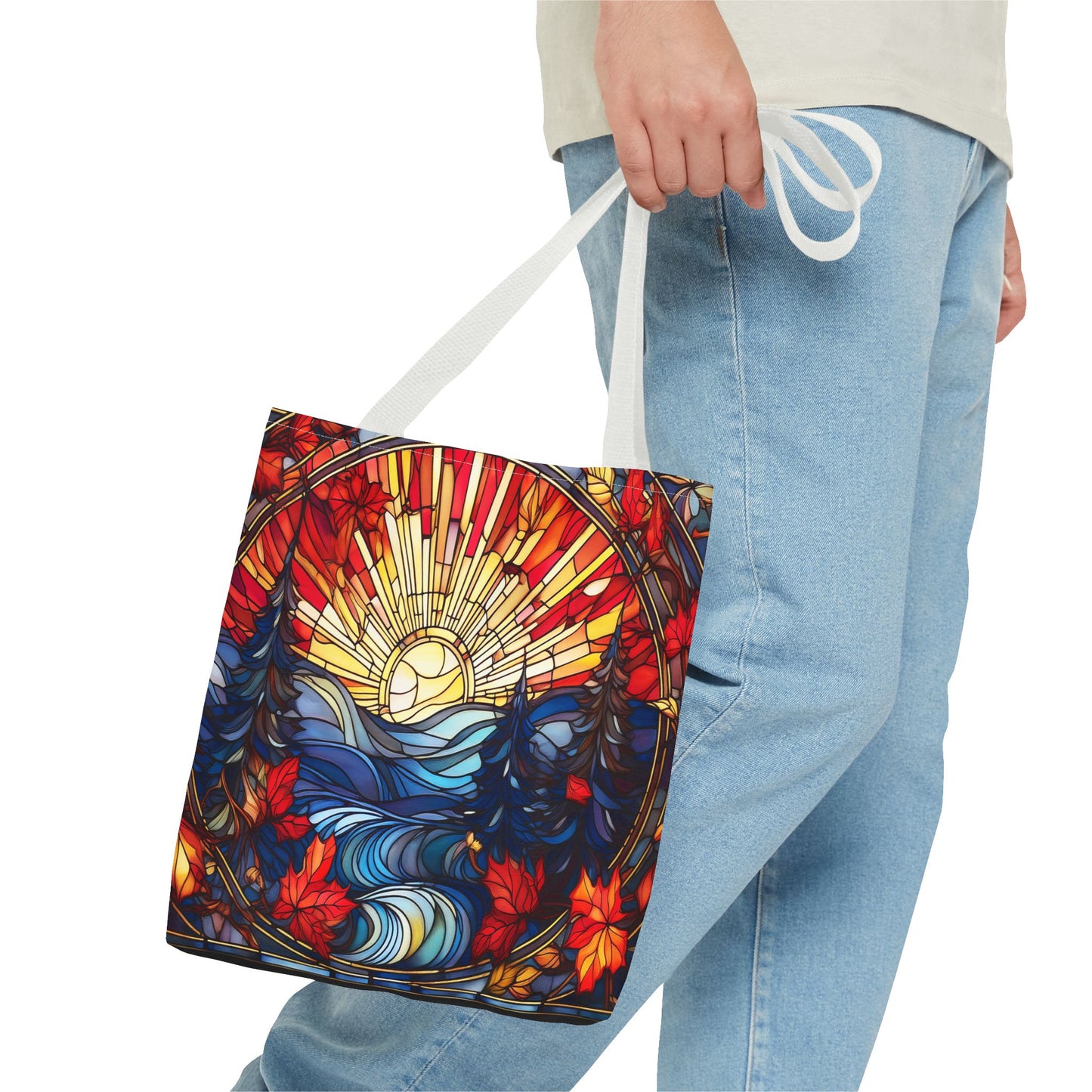 Stained Glass Fall Scene - Trees, Sun, Lake and Fall Leaves - Tote Bag
