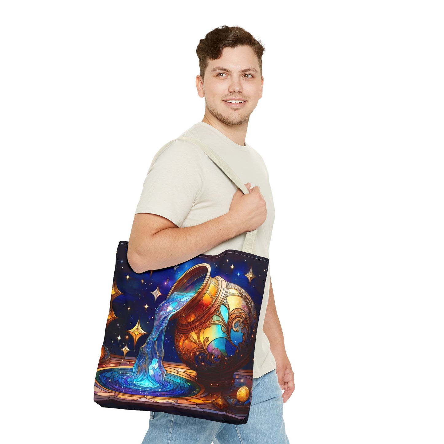Aquarius - Water Bearer Stained Glass Style Tote Bag (All Over Print)