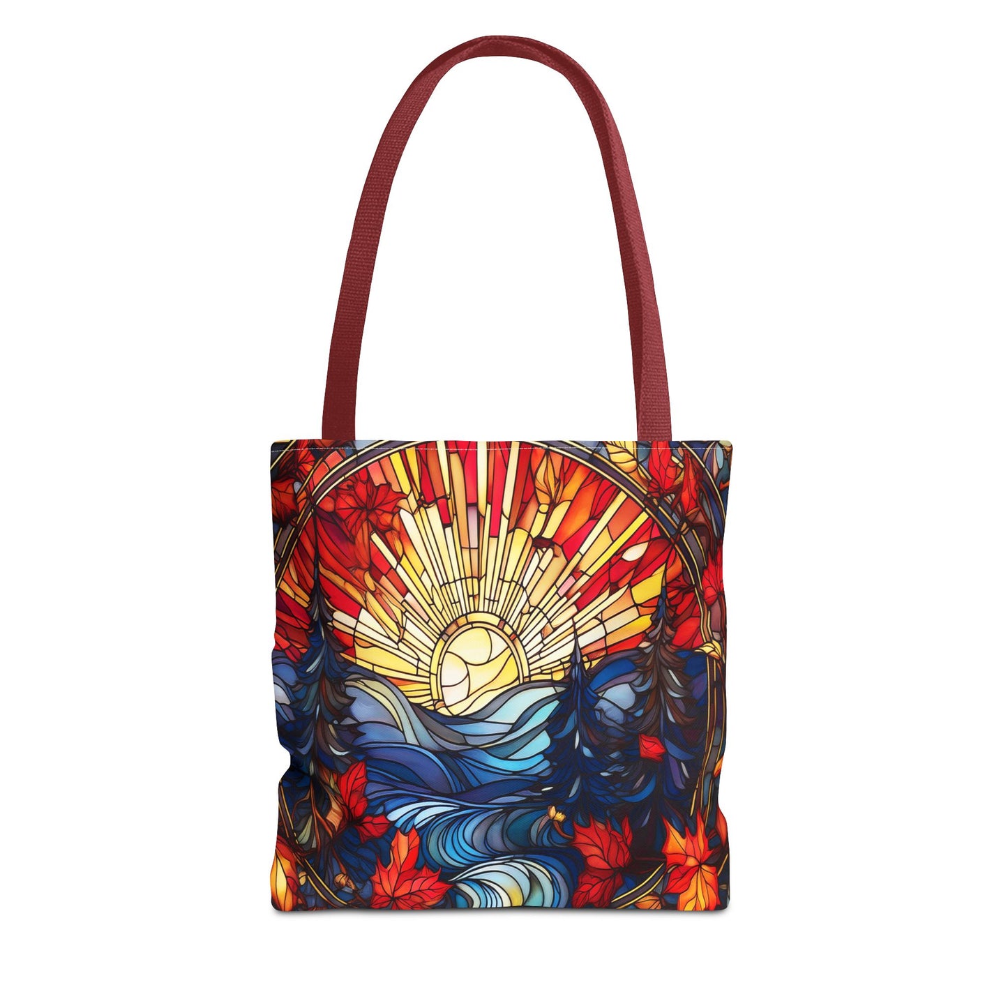 Stained Glass Fall Scene - Trees, Sun, Lake and Fall Leaves - Tote Bag