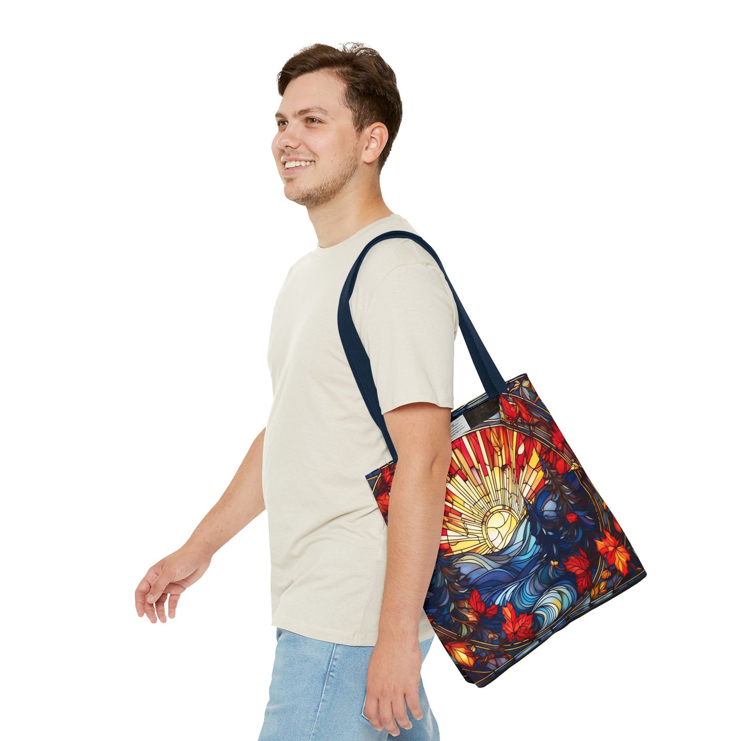 Stained Glass Fall Scene - Trees, Sun, Lake and Fall Leaves - Tote Bag