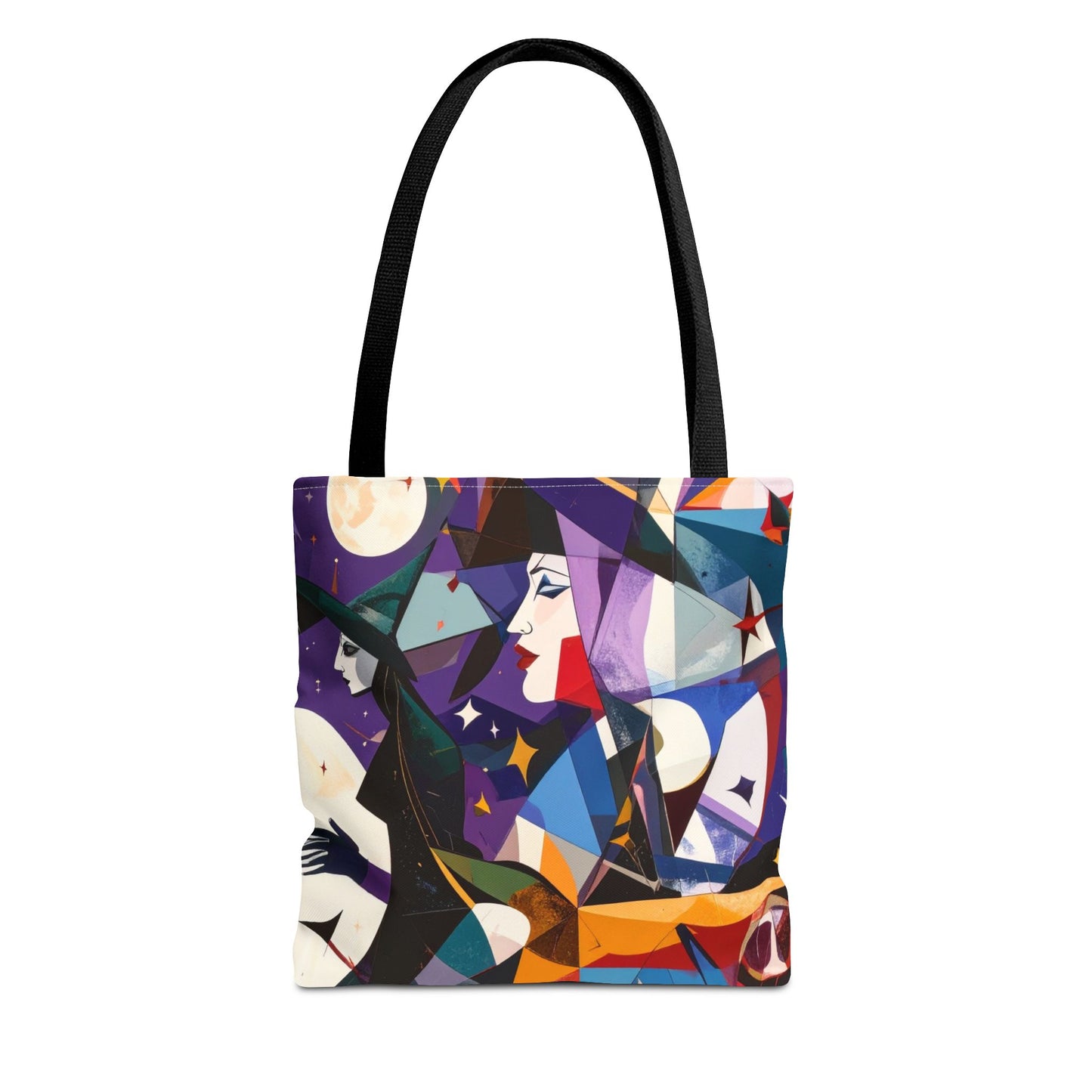 Witchy Tote Bag, Witches Moons and Stars, Cubism Design