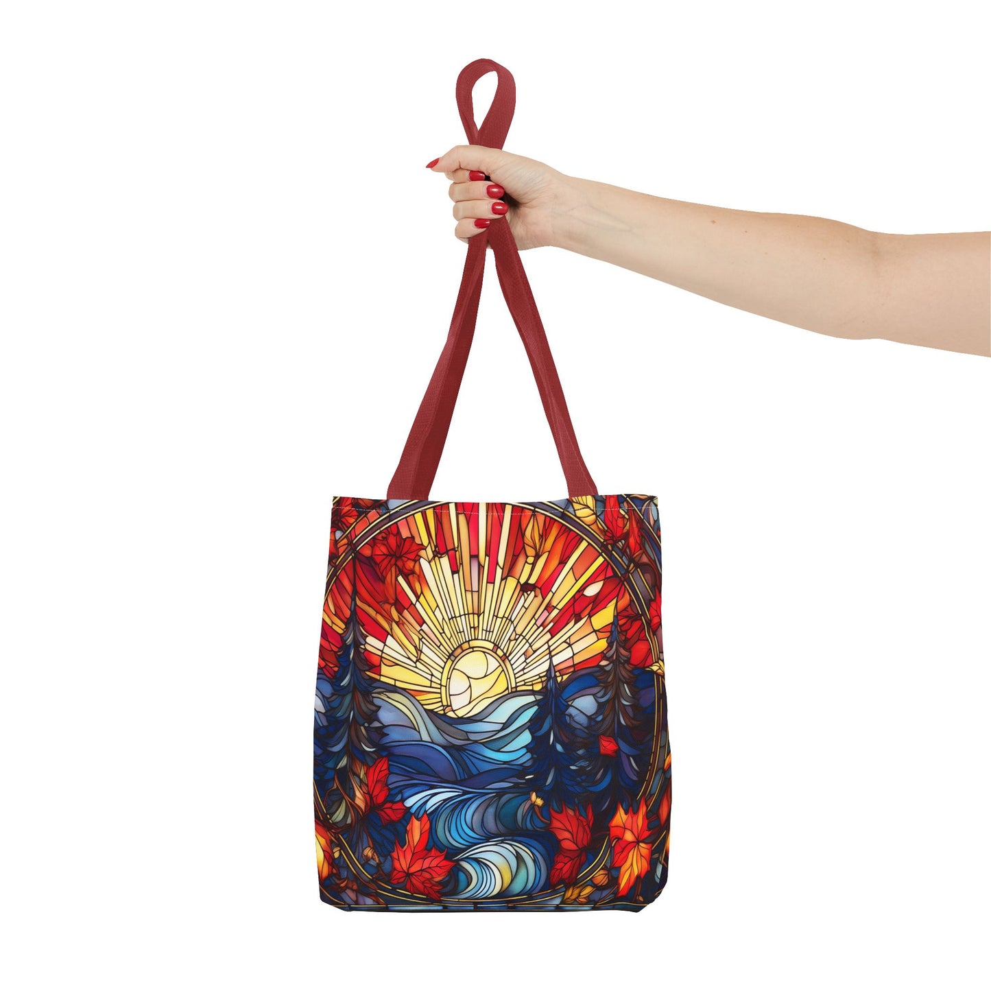 Stained Glass Fall Scene - Trees, Sun, Lake and Fall Leaves - Tote Bag