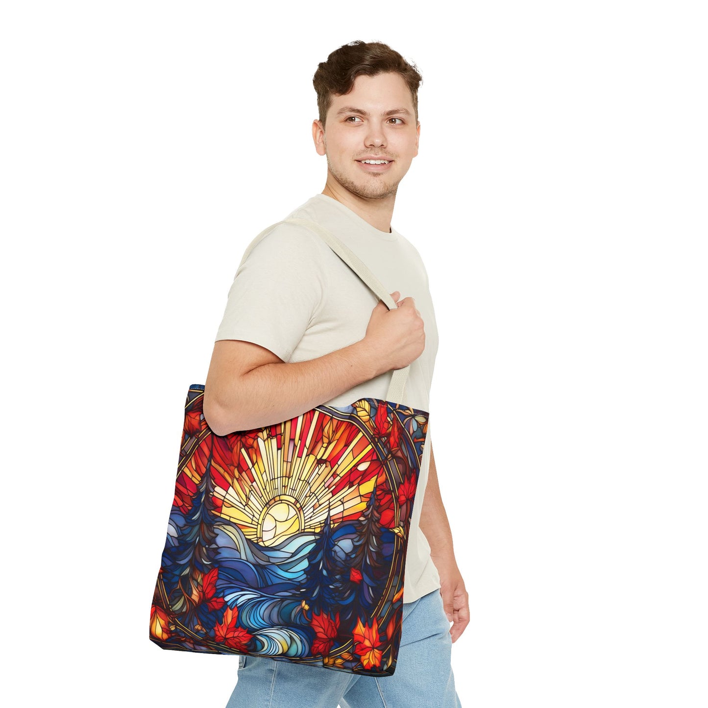 Stained Glass Fall Scene - Trees, Sun, Lake and Fall Leaves - Tote Bag