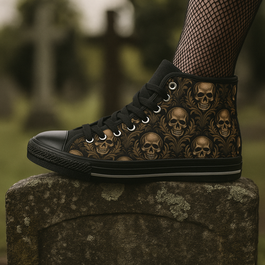 Black and Gold Damask Skulls - Women's Classic High Top Sneakers