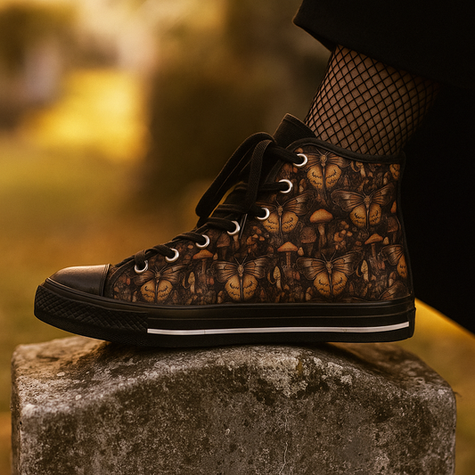 Mushrooms and Moths - Women's Classic High Top Black Sneakers