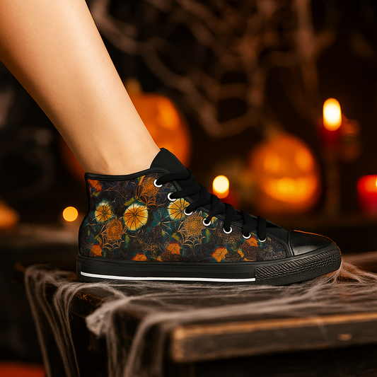Black Orange Mixed Spiderwebs - Women's Classic High Top Sneakers