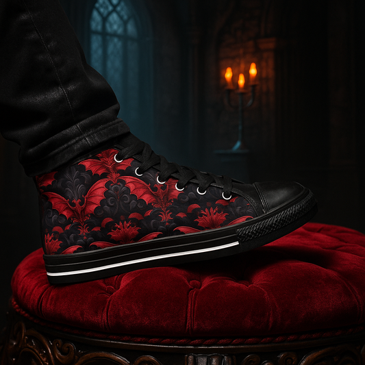 Black and Red Damask Bats - Men's Classic High Top Sneakers