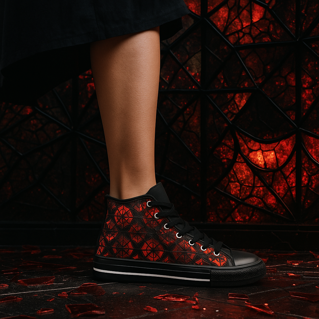 Black and Red Stanned Glass Spiderwebs - Women's Classic High Top Sneakers