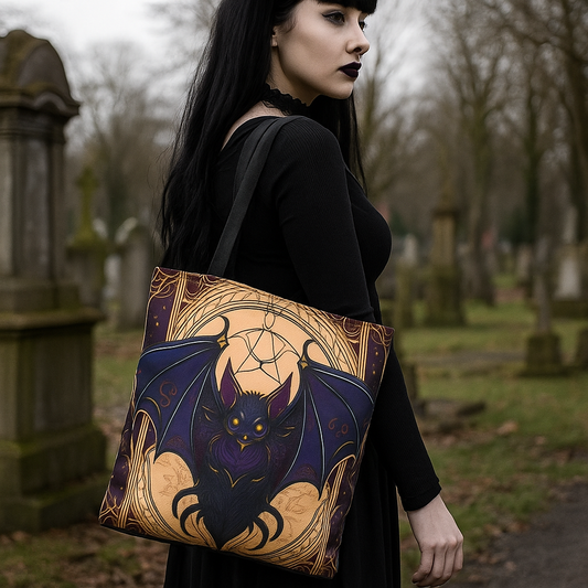 Tarot Style Bat Tote Bag - Violet Black & Gold