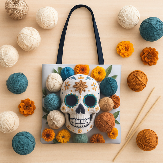 Knitted Sugar Skull & Marigolds Tote Bag