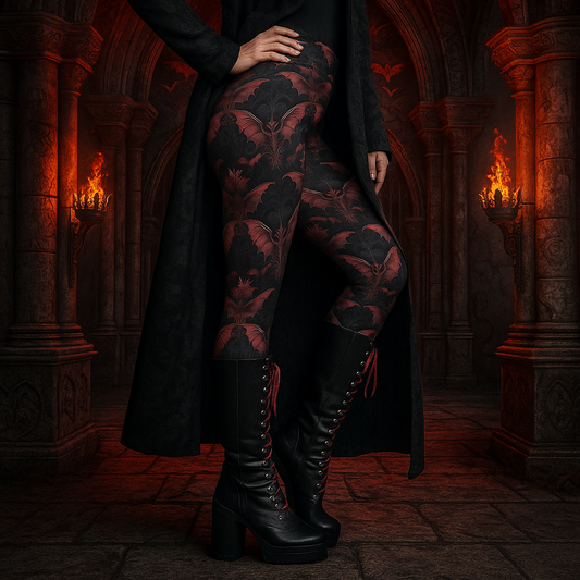 Black and Red Damask Bat Pattern Leggings