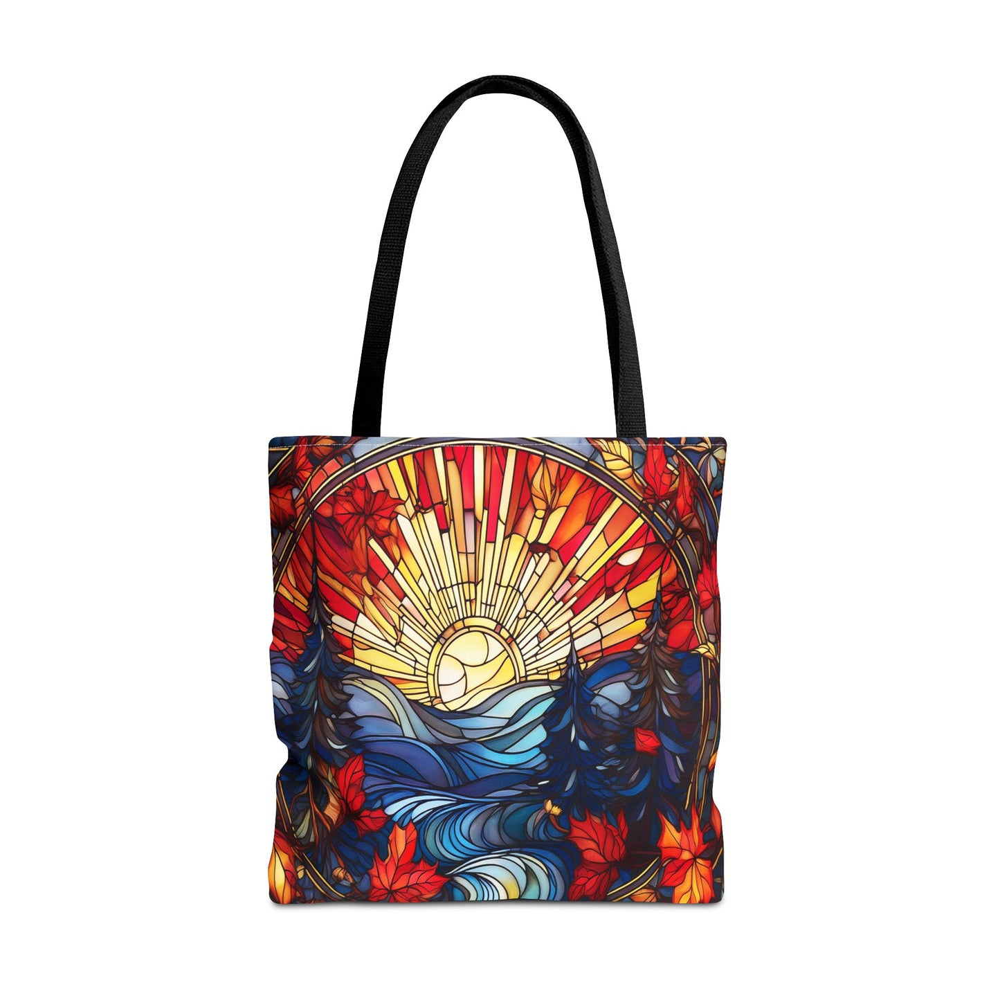 Stained Glass Fall Scene - Trees, Sun, Lake and Fall Leaves - Tote Bag
