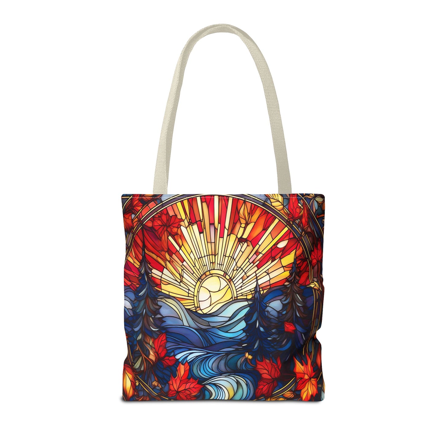 Stained Glass Fall Scene - Trees, Sun, Lake and Fall Leaves - Tote Bag