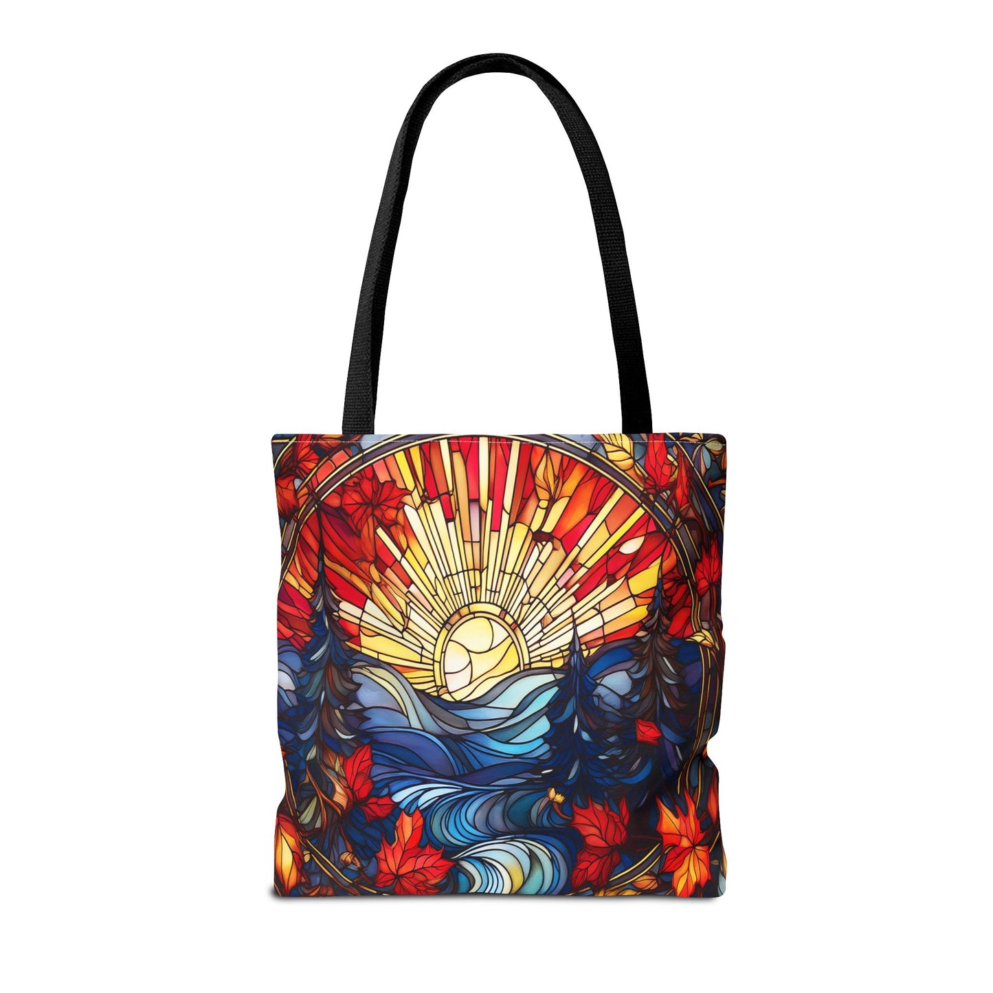 Stained Glass Fall Scene - Trees, Sun, Lake and Fall Leaves - Tote Bag
