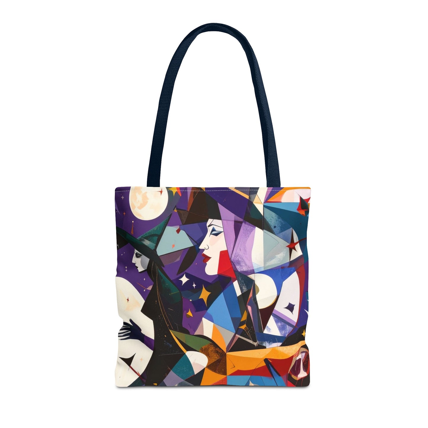 Witchy Tote Bag, Witches Moons and Stars, Cubism Design