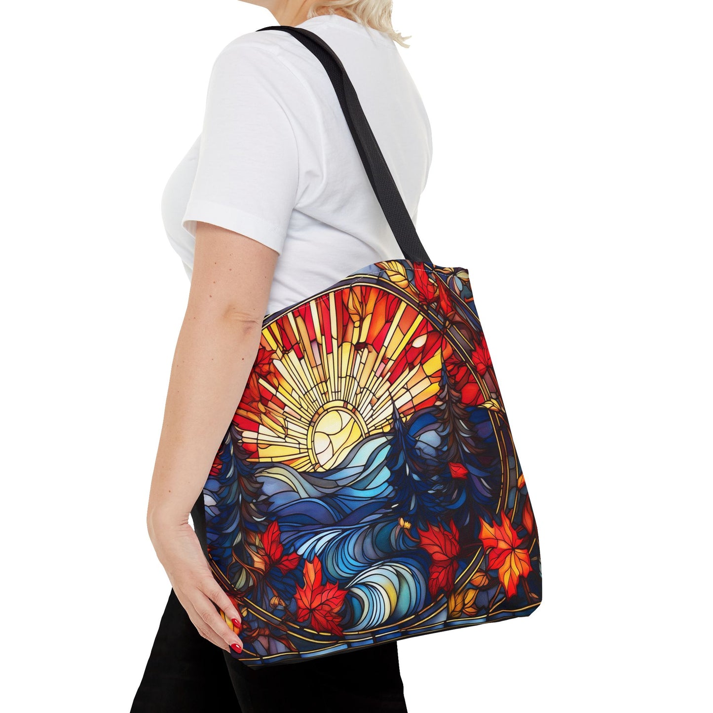 Stained Glass Fall Scene - Trees, Sun, Lake and Fall Leaves - Tote Bag