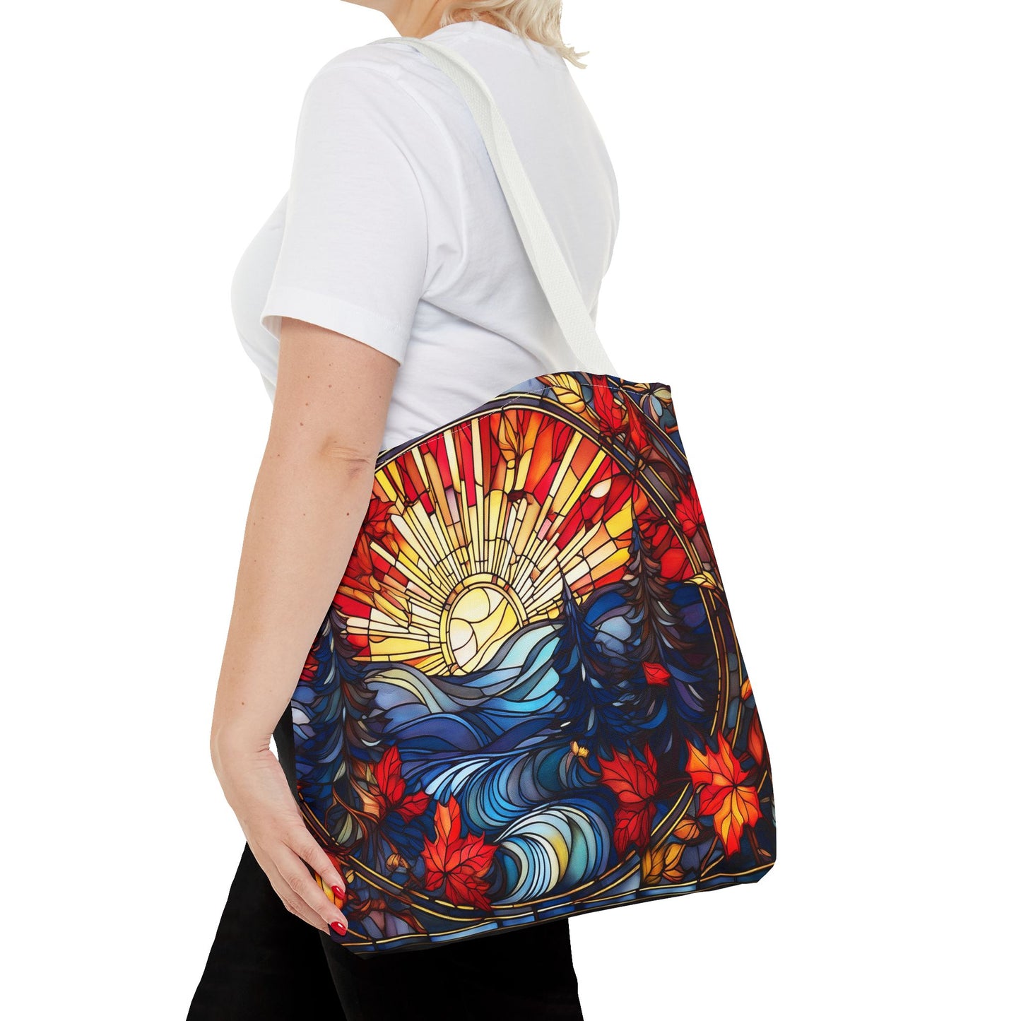 Stained Glass Fall Scene - Trees, Sun, Lake and Fall Leaves - Tote Bag