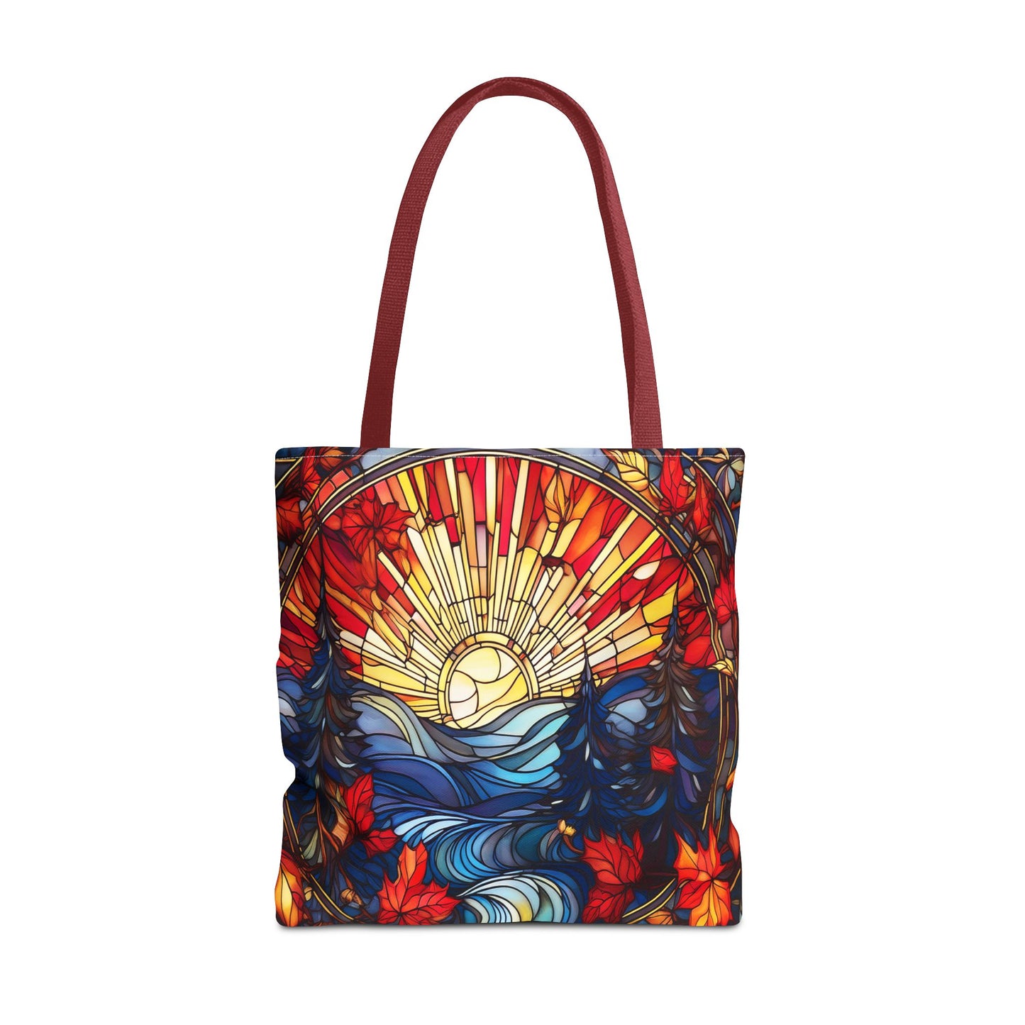 Stained Glass Fall Scene - Trees, Sun, Lake and Fall Leaves - Tote Bag