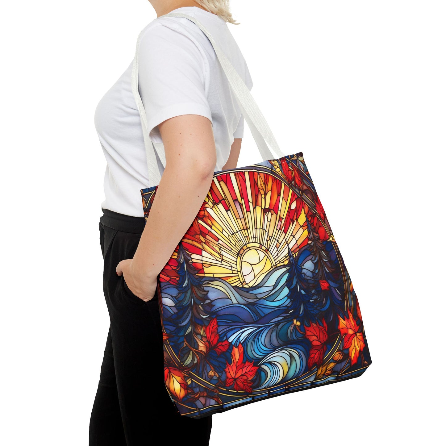 Stained Glass Fall Scene - Trees, Sun, Lake and Fall Leaves - Tote Bag