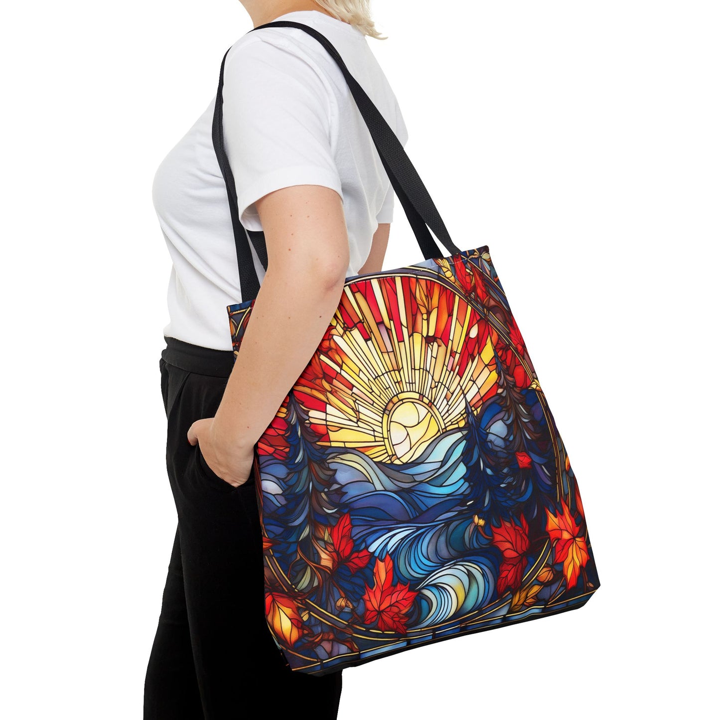 Stained Glass Fall Scene - Trees, Sun, Lake and Fall Leaves - Tote Bag