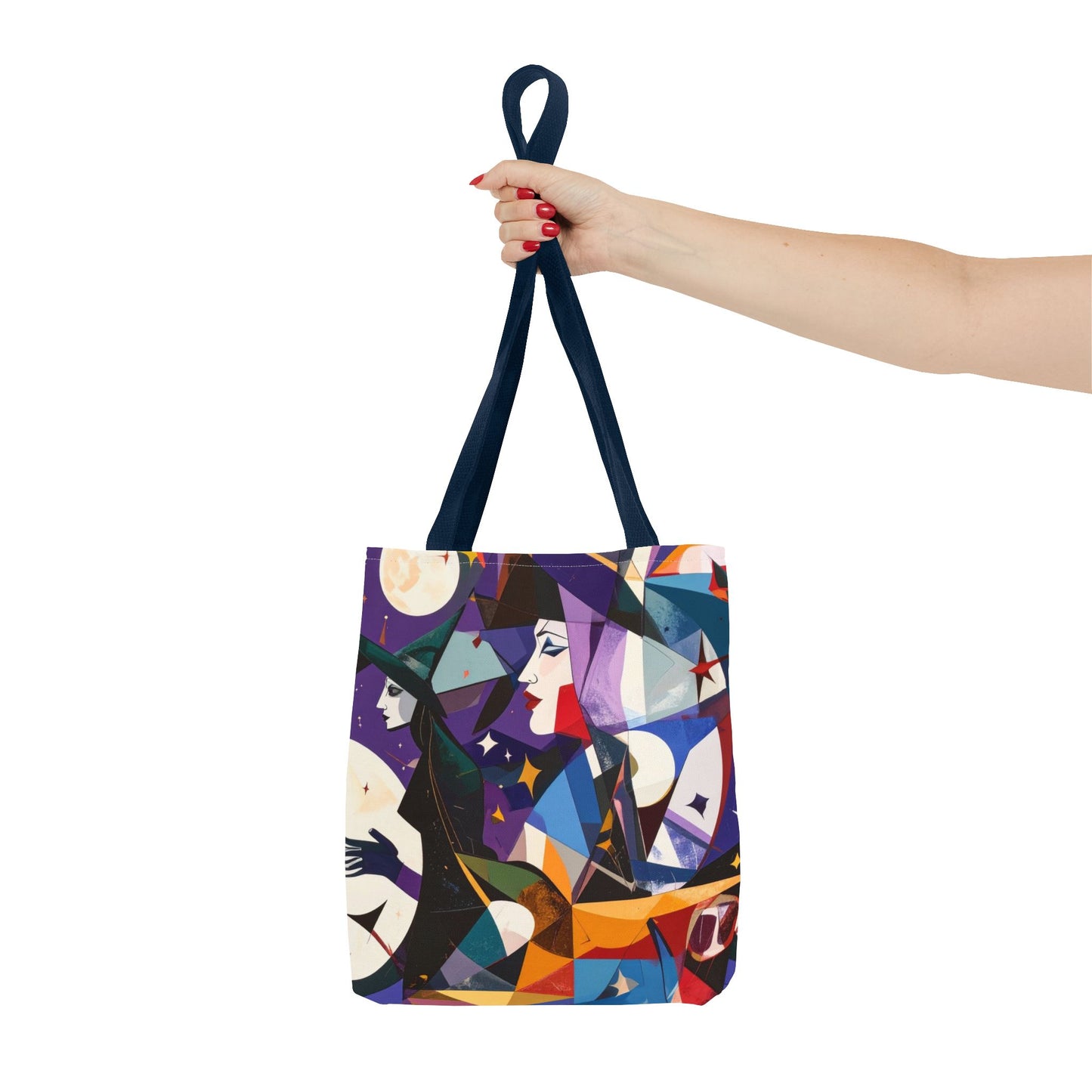 Witchy Tote Bag, Witches Moons and Stars, Cubism Design