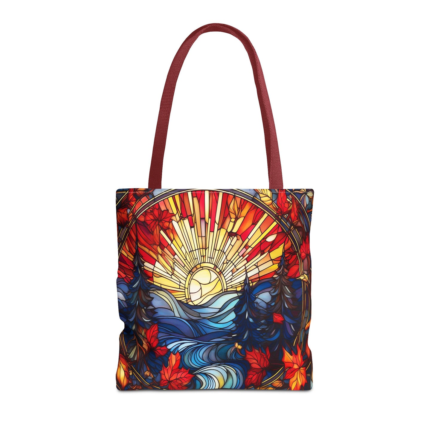 Stained Glass Fall Scene - Trees, Sun, Lake and Fall Leaves - Tote Bag