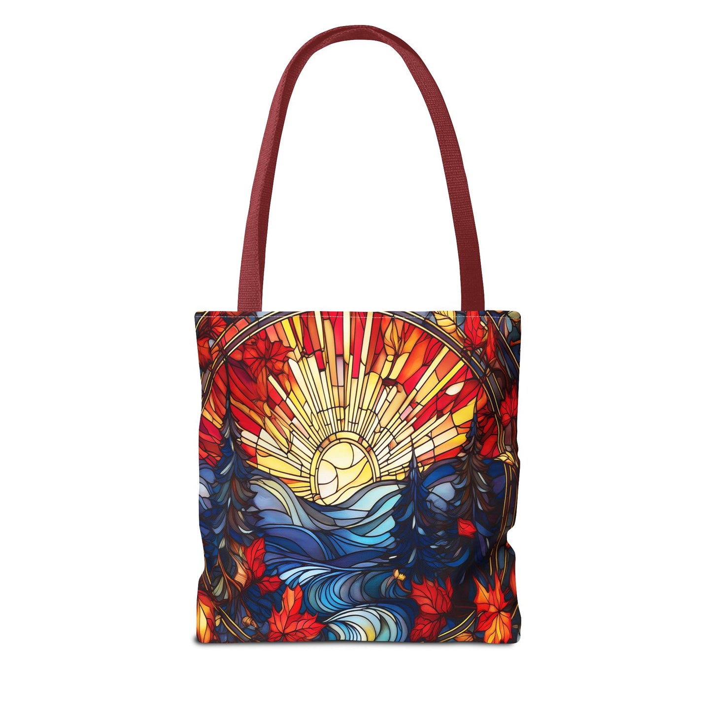Stained Glass Fall Scene - Trees, Sun, Lake and Fall Leaves - Tote Bag