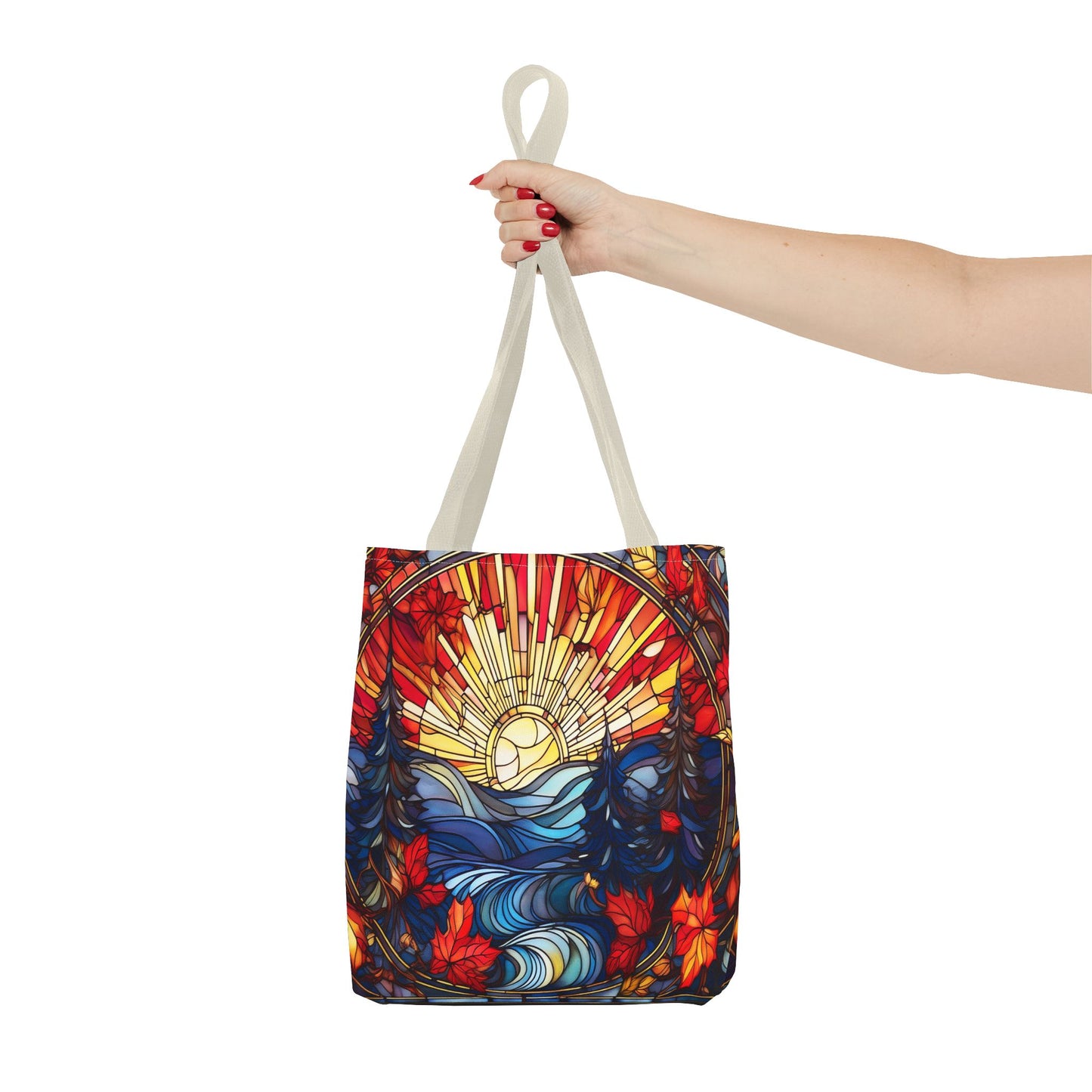 Stained Glass Fall Scene - Trees, Sun, Lake and Fall Leaves - Tote Bag