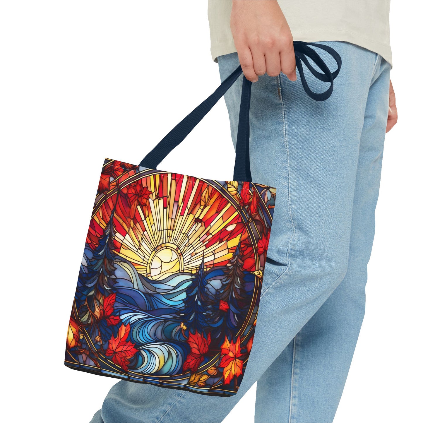 Stained Glass Fall Scene - Trees, Sun, Lake and Fall Leaves - Tote Bag