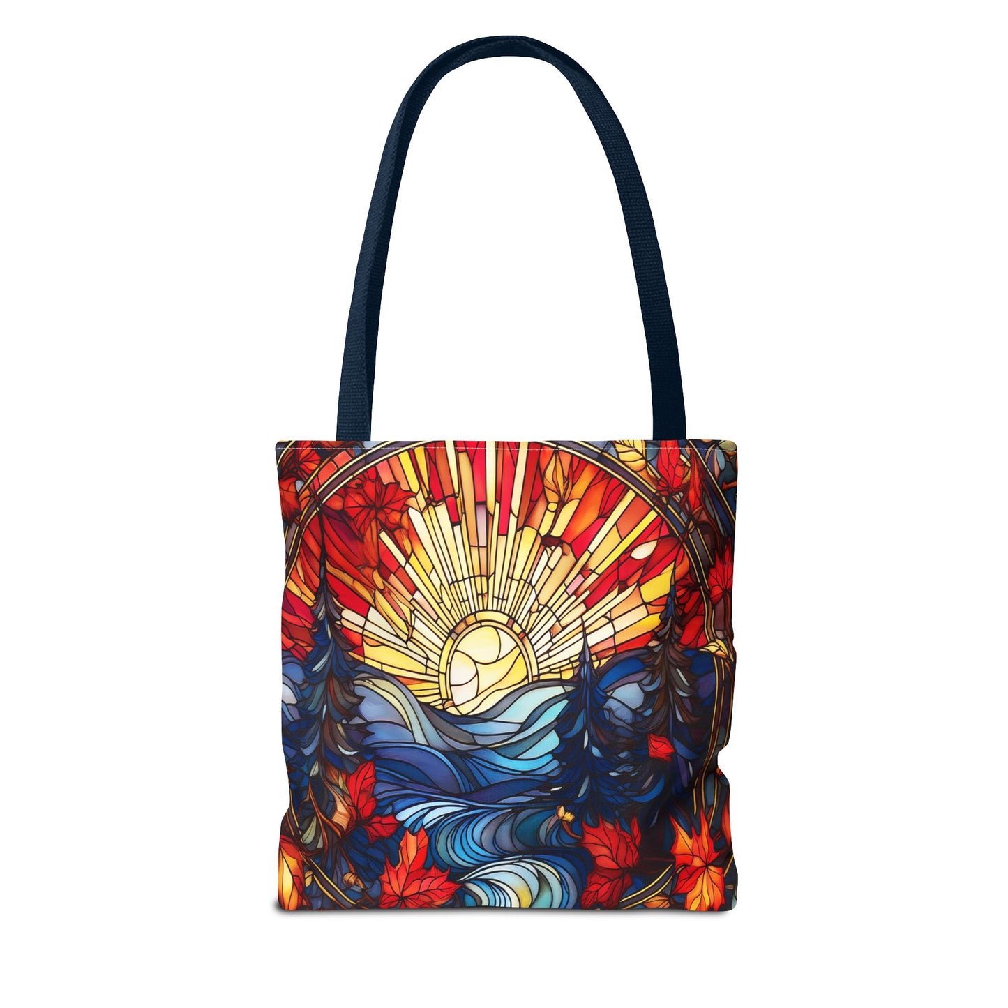 Stained Glass Fall Scene - Trees, Sun, Lake and Fall Leaves - Tote Bag